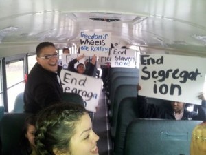 Bassick High School students are "on the bus" to go listen to the Freedom Riders with CommPACT Specialist Sal Hanaif, 